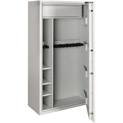 A tall, gray gun safe with multiple shelves and a secure locking mechanism, designed to store long firearms. The interior features adjustable shelving and a foam-padded rack to protect and organize weapons.