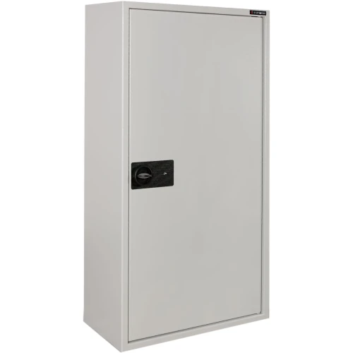 Tall, gray gun safe with a sleek design and a secure black locking mechanism on the front. The safe is designed to store long firearms, providing robust protection and a minimalist appearance.