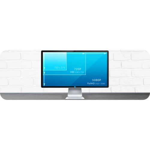 A computer monitor displays a comparison of video resolutions, including 720 x 576, 720P, and Full HD 1080P. The screen is set against a white brick wall background.
