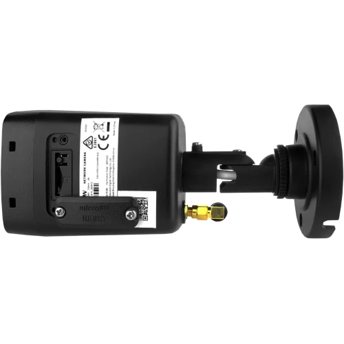 A black network bullet camera with a durable mounting bracket and visible microSD slot is shown. The camera features a compact design with various connectivity ports and a reset button on the side.
