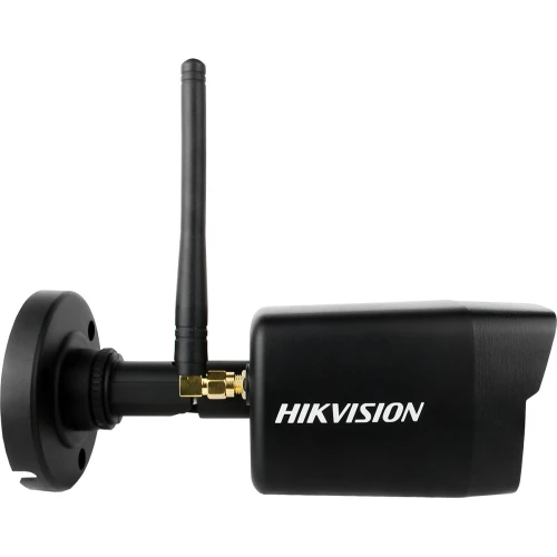 A sleek black network bullet IP camera with a prominent antenna for enhanced wireless connectivity. The camera features a durable mounting bracket for secure installation and the brand logo on the side.