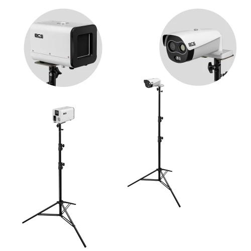 The image shows a thermal imaging camera mounted on an adjustable tripod stand, designed for precise temperature monitoring. The camera features a sleek, compact design with dual lenses for enhanced thermal detection.