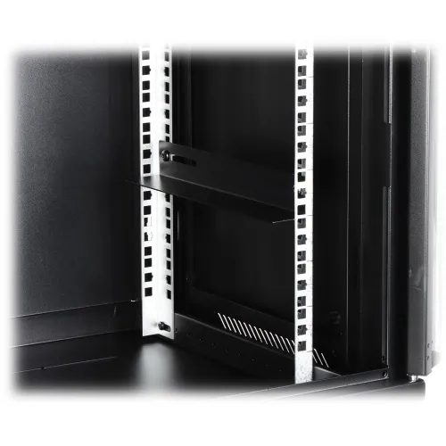 The image shows a black metal server rack with adjustable mounting rails and a vented shelf. The design allows for customizable equipment installation and efficient airflow management.