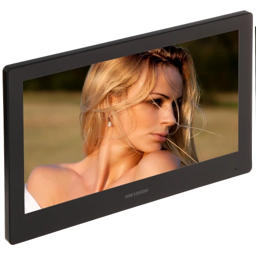 A sleek, black Hikvision video intercom panel with a high-resolution display showcases a vibrant image. The device features a modern design, suitable for enhancing security and communication in residential or commercial settings.