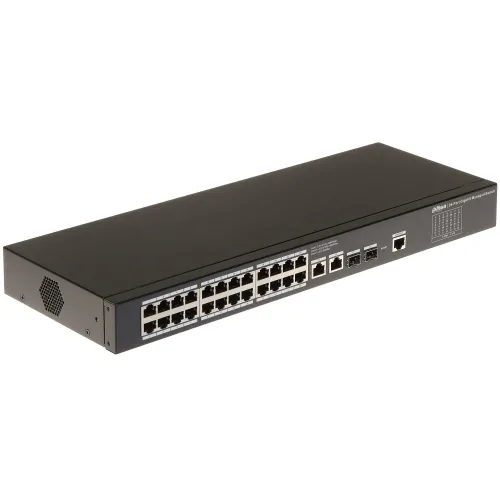 The image shows a black network switch featuring 24 Ethernet ports and 4 SFP ports, designed for efficient data management. The device has a sleek, rectangular design with ventilation on the side for optimal cooling.