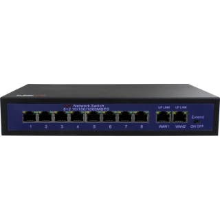 The image shows a 10-port network switch with eight PoE ports and two uplink ports, supporting speeds of 10/100/1000 Mbps. The front panel features labeled ports for easy connectivity and an on/off switch for power management.