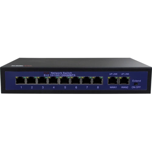 The image shows a 10-port network switch with eight PoE ports and two uplink ports, supporting speeds of 10/100/1000 Mbps. The front panel features labeled ports for easy connectivity and an on/off switch for power management.