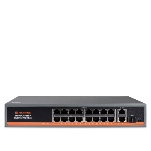 The image shows a 16-port network switch with a sleek black design and an orange accent line. It features multiple Ethernet ports for high-speed data transfer, suitable for expanding network connectivity in professional settings.