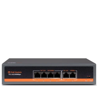 The image shows a 6-port PoE switch with a sleek black and gray design, featuring four PoE ports and two uplink ports for efficient network connectivity. The front panel displays clear labeling for easy identification of port functions.