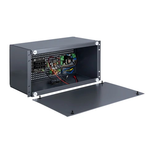 The image shows a gray metal enclosure with an open front panel, revealing an internal setup of electronic components and wiring. The enclosure is designed for housing a PoE switch and UPS system, suitable for network and power management applications.