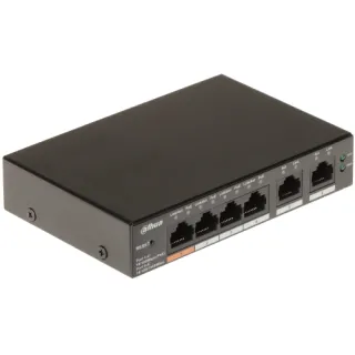A black, rectangular network switch with four Ethernet ports and LED indicators on the front panel. The device features a compact design with a reset button and is branded with the Dahua logo.
