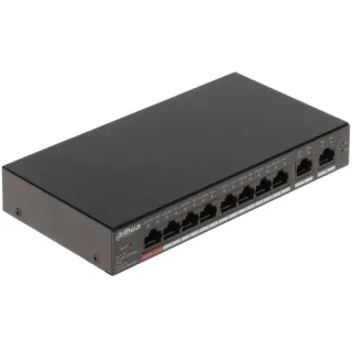 The image shows a Dahua 8-port PoE switch with a sleek black design, featuring multiple Ethernet ports for network connectivity. The front panel displays clear labeling for each port, indicating power and data transmission capabilities.