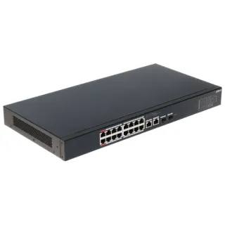 The image shows a black 16-port PoE switch with two SFP ports, designed for efficient network connectivity. The front panel features multiple Ethernet ports and indicator lights for easy monitoring.