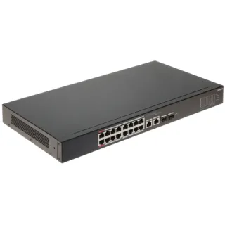 A black network switch featuring 16 Ethernet ports and additional SFP slots for enhanced connectivity. The device has a sleek, rectangular design with ventilation on the side for efficient cooling.