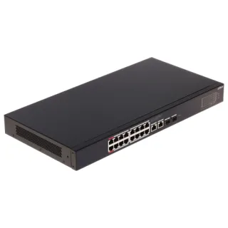 The image shows a sleek, black network switch with 16 Ethernet ports and additional SFP slots for fiber connectivity. The device features a compact design suitable for efficient network management in professional settings.