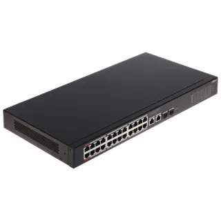 A sleek, black network switch featuring 24 Ethernet ports and additional SFP slots for enhanced connectivity. The device is designed for efficient power over Ethernet (PoE) distribution in professional networking environments.