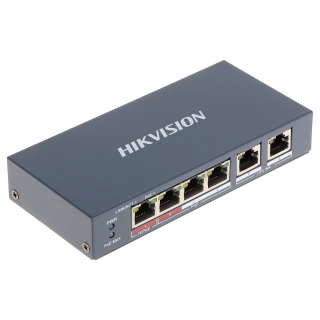 A compact Hikvision PoE switch with four Ethernet ports and LED indicators for power and connectivity status. The device features a sleek, dark gray design suitable for network management in various settings.