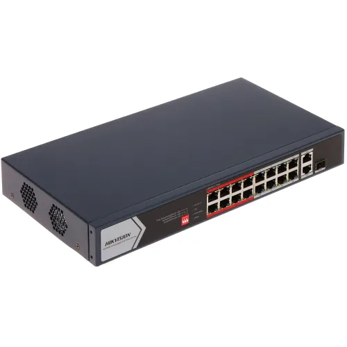 The image shows a Hikvision 16-port PoE switch with a sleek black design and multiple Ethernet ports for network connectivity. It features a durable metal casing with ventilation on the sides for efficient cooling.