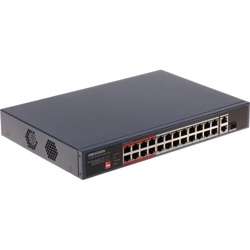 The image shows a Hikvision 24-port PoE switch with a sleek black design and ventilation on the side. It features multiple Ethernet ports and SFP slots for network connectivity.
