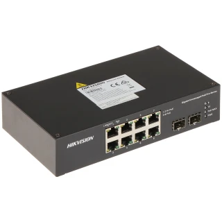 The image shows a Hikvision 8-port PoE switch with two SFP slots, designed for efficient network management. The device features a sleek black design with clearly labeled ports for easy connectivity.