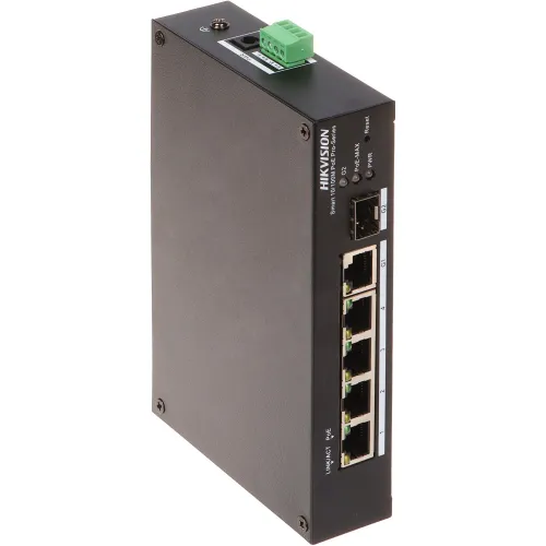 The image shows a Hikvision 4-port PoE switch with SFP, featuring a sturdy black metal casing and multiple Ethernet ports. The switch is designed for efficient network management and includes a green terminal block for power connections.