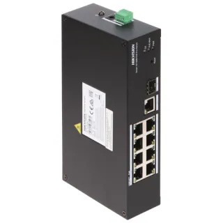 The image shows a Hikvision 8-port PoE switch with a sleek black design, featuring multiple Ethernet ports and a green terminal block on top. The switch is designed for efficient network connectivity and power over Ethernet functionality.