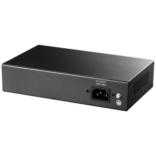 A black PoE switch with a sleek, rectangular design features multiple ports on the front for network connectivity. The back panel includes an AC input for power, suitable for a range of voltage settings.