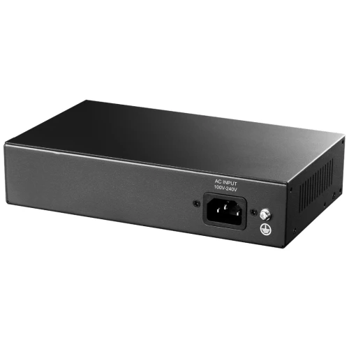 A black PoE switch with a sleek, rectangular design features multiple ports on the front for network connectivity. The back panel includes an AC input for power, suitable for a range of voltage settings.