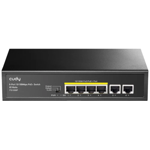The image shows a Cudy 6-Port 10/100Mbps PoE switch with a sleek black design, featuring four PoE ports and two uplink ports. The front panel includes LED indicators for power and port status, providing easy monitoring of network connections.