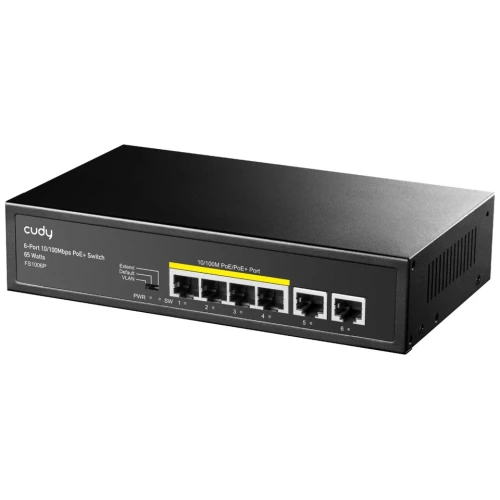 The image shows a black 6-port PoE switch with four 10/100Mbps PoE ports and two uplink ports. The front panel features LED indicators and labeled ports for easy connectivity management.