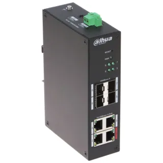 The image shows a Dahua PoE switch featuring four Ethernet ports and four SFP slots, designed for efficient network connectivity. The compact, black device includes LED indicators for power and network status, enhancing its functionality for professional use.