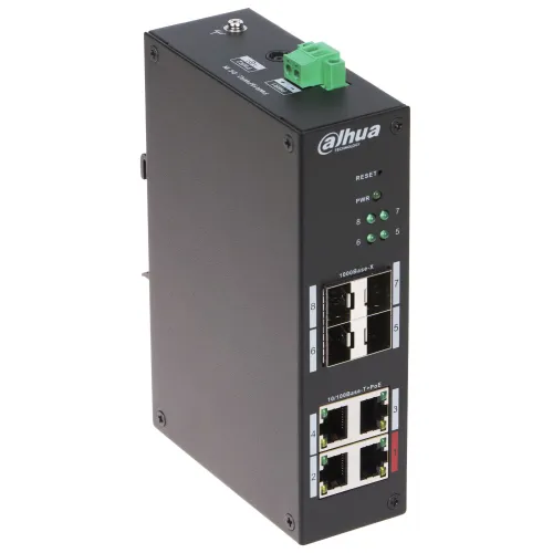 The image shows a Dahua PoE switch featuring four Ethernet ports and four SFP slots, designed for efficient network connectivity. The compact, black device includes LED indicators for power and network status, enhancing its functionality for professional use.