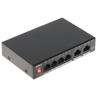 The image shows a Dahua PoE switch with four Ethernet ports and a sturdy black metal casing. It features LED indicators for power and connectivity status, designed for efficient network management.