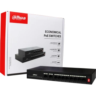 The image shows a Dahua Technology economical PoE switch with eight Ethernet ports, designed for efficient power and data transmission. The product is displayed alongside its packaging, highlighting features such as long-distance PoE transmission and plug-and-play functionality.