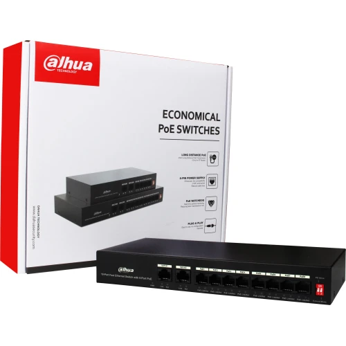 The image shows a Dahua Technology economical PoE switch with eight Ethernet ports, designed for efficient power and data transmission. The product is displayed alongside its packaging, highlighting features such as long-distance PoE transmission and plug-and-play functionality.