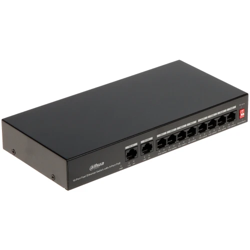 A black 8-port PoE Ethernet switch by Dahua, featuring a sleek rectangular design with ports and indicators on the front panel. The device is designed for efficient network connectivity and power over Ethernet functionality.