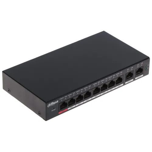 The image shows a black Dahua 8-port PoE switch with a sleek, rectangular design. It features multiple Ethernet ports on the front panel, suitable for network connectivity and power over Ethernet applications.