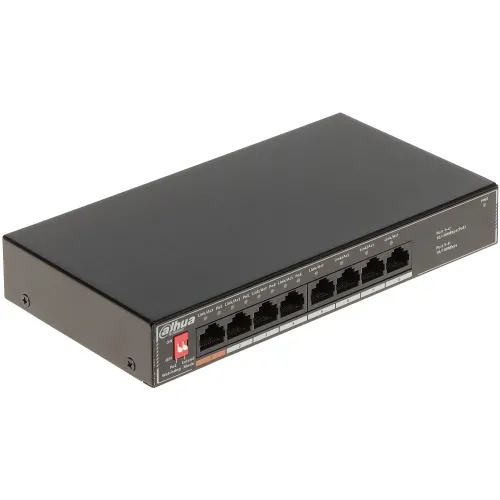 A black Dahua network switch featuring eight ports, four of which support Power over Ethernet (PoE). The compact design is suitable for efficient network management in small to medium-sized setups.