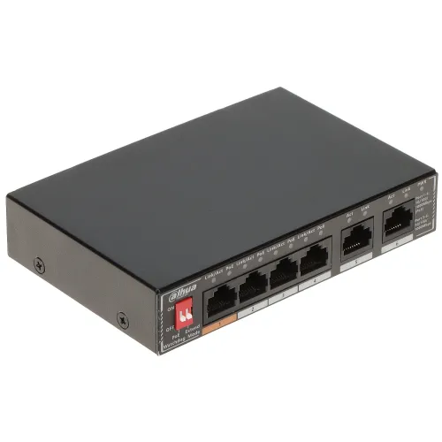 The image shows a black Dahua 4-port PoE switch with multiple Ethernet ports and LED indicators on the front panel. The compact design features a metal casing, suitable for network connectivity and power over Ethernet applications.