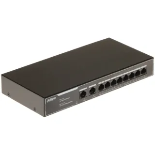 The image shows a Dahua 8-port PoE switch with a sleek black design, featuring eight Ethernet ports and two uplink ports. The switch is compact and suitable for efficient network management in various settings.