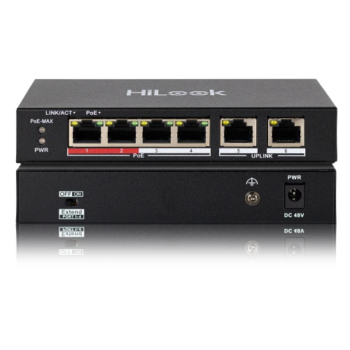 A black HiLook PoE switch with four PoE ports and two uplink ports is shown, featuring LED indicators for power and connectivity status. The device includes a power input and an extend mode switch for enhanced functionality.