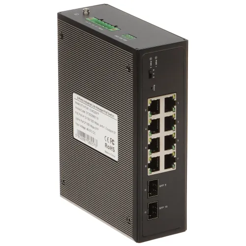 The image shows an 8-port industrial PoE switch with a robust metal casing, featuring eight Ethernet ports and two SFP slots for fiber connectivity. The device is designed for high-performance network management in industrial environments.
