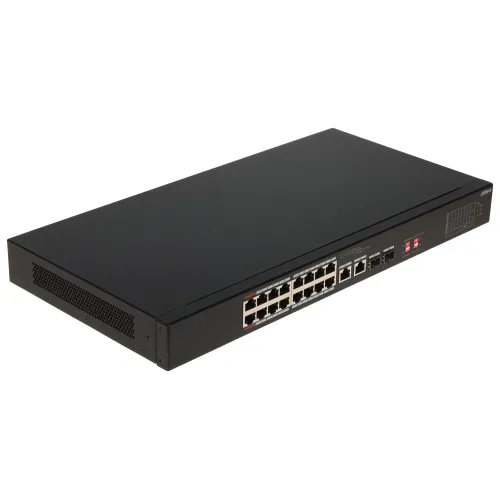 The image shows a black industrial PoE switch with 16 Ethernet ports and additional SFP slots, designed for efficient network connectivity. The switch features a sleek, rectangular design with ventilation on the side for optimal cooling.
