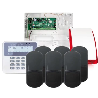 The image shows a comprehensive alarm system featuring a control panel with a digital display and keypad, five motion detectors, and a siren with a red cover. The system components are designed for home or business security, providing reliable protection and easy operation.