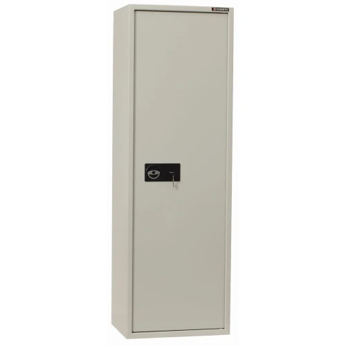 A tall, single-door metal cabinet designed for secure document storage, featuring a key lock for added security. The cabinet has a sleek, minimalist design with a neutral color, suitable for office environments.