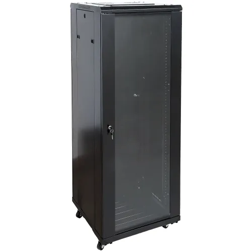 A black standing rack cabinet with a transparent front door and lock, designed for organizing and securing electronic equipment. The cabinet features ventilation slots and is mounted on wheels for easy mobility.