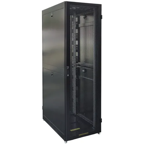 A black, standing server rack cabinet with a mesh front door for ventilation and secure locking mechanism. It features adjustable feet and a spacious interior for organizing network equipment.