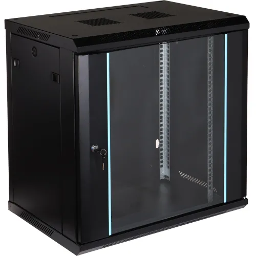 A black wall-mounted rack cabinet with a transparent front door and secure lock, designed for organizing and protecting network equipment. The cabinet features ventilation slots on the top and sides for efficient airflow.
