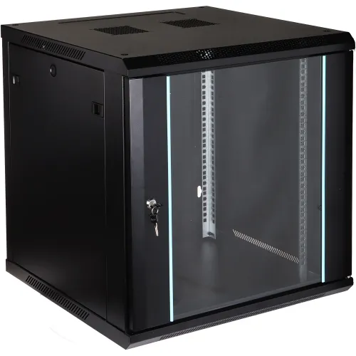 A black wall-mounted rack cabinet with a transparent front door and a secure lock, designed for organizing and protecting network equipment. The cabinet features ventilation slots on the top and sides for efficient airflow.