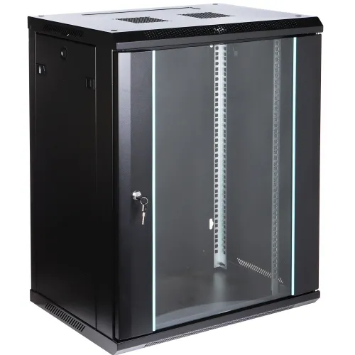 Wall-mounted black rack cabinet with a transparent front door and secure lock, designed for organizing and protecting network equipment. The cabinet features ventilation slots on the top and sides for efficient airflow.